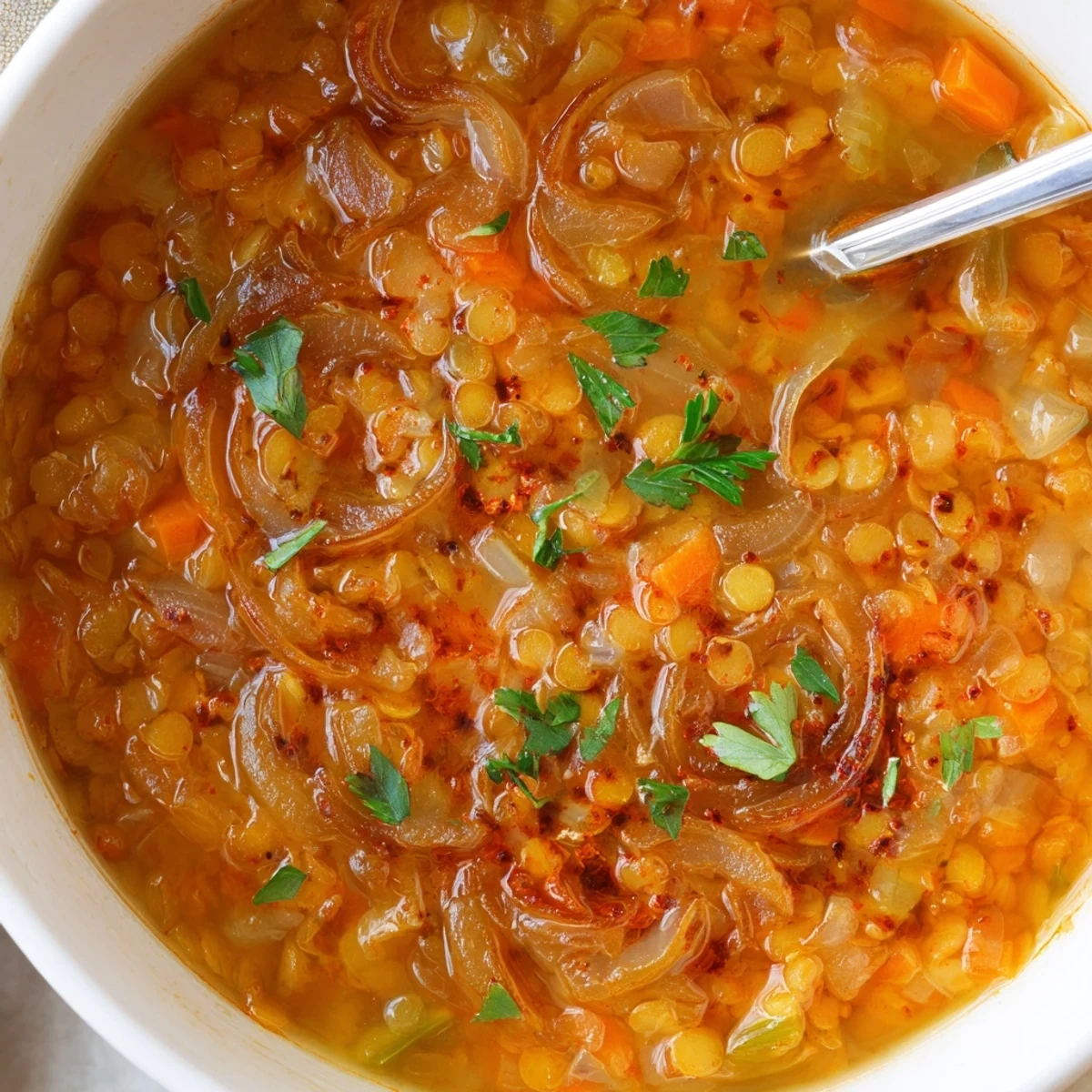 Bowl of caramelized onion red lentil soup garnished with fresh parsley and lemon