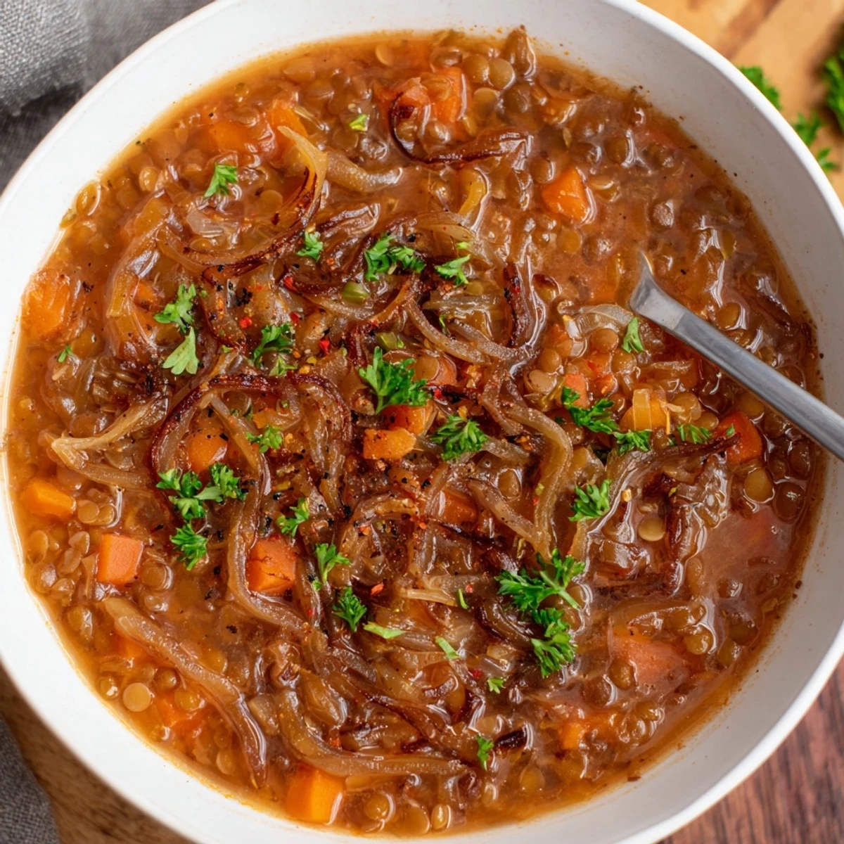 Creamy caramelized onion red lentil soup in a white bowl with vibrant orange hue