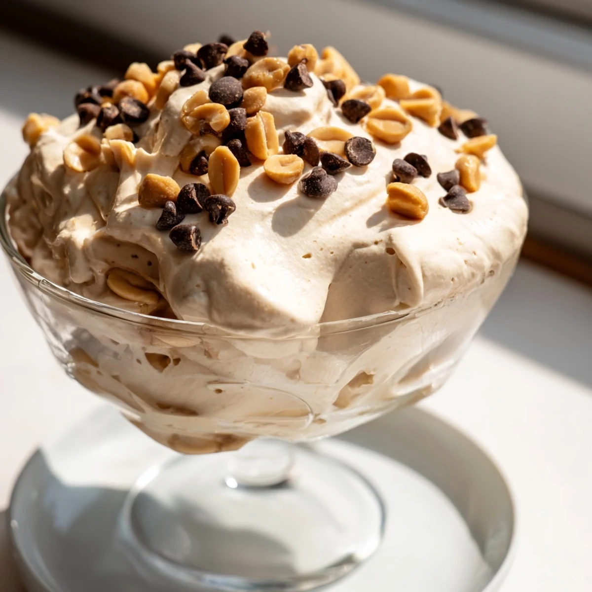 Creamy peanut butter mousse with fluffy Cool Whip topped with chopped roasted peanuts and mini chocolate chips in glass serving dishes