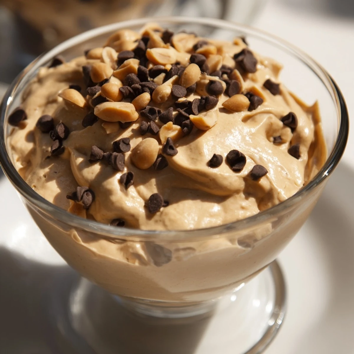 Light and airy peanut butter and Cool Whip mousse dessert swirled with chocolate syrup and sprinkled with crunchy roasted peanuts