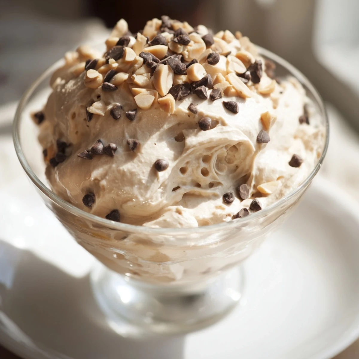 Velvety smooth peanut butter mousse folded with Cool Whip and garnished with chocolate chips, served chilled in elegant glasses
