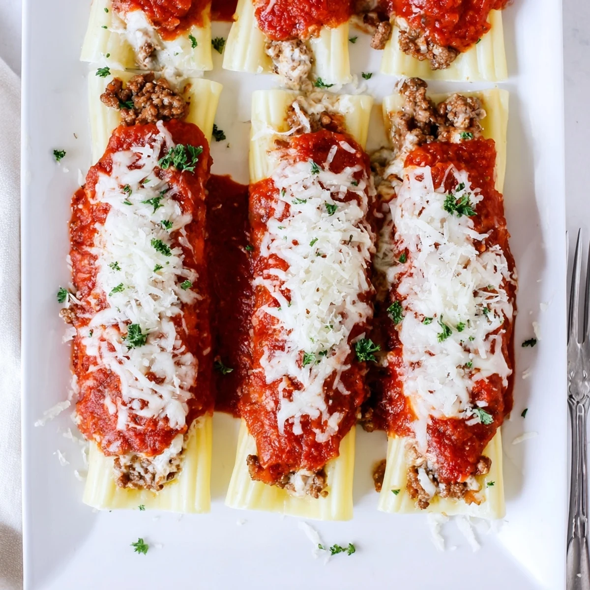 Golden bubbling manicotti smothered in savory meat sauce with melted mozzarella cheese topping