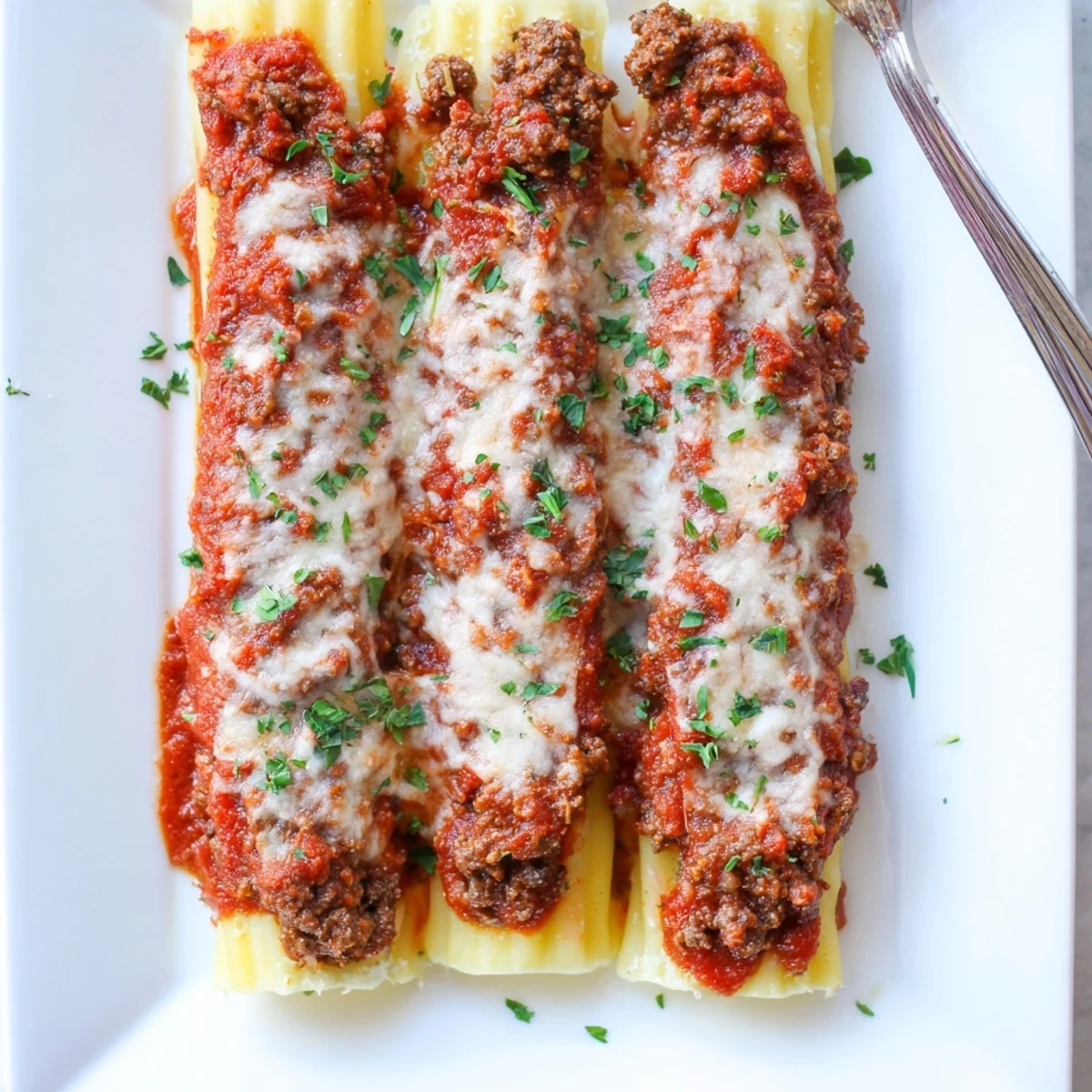 Baked Italian manicotti piping hot with oozing three-cheese center under hearty seasoned beef sauce