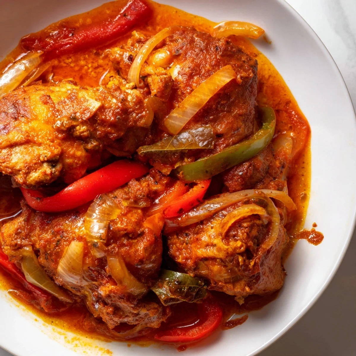 Tender Senegalese chicken served over fluffy white rice with aromatic spiced gravy