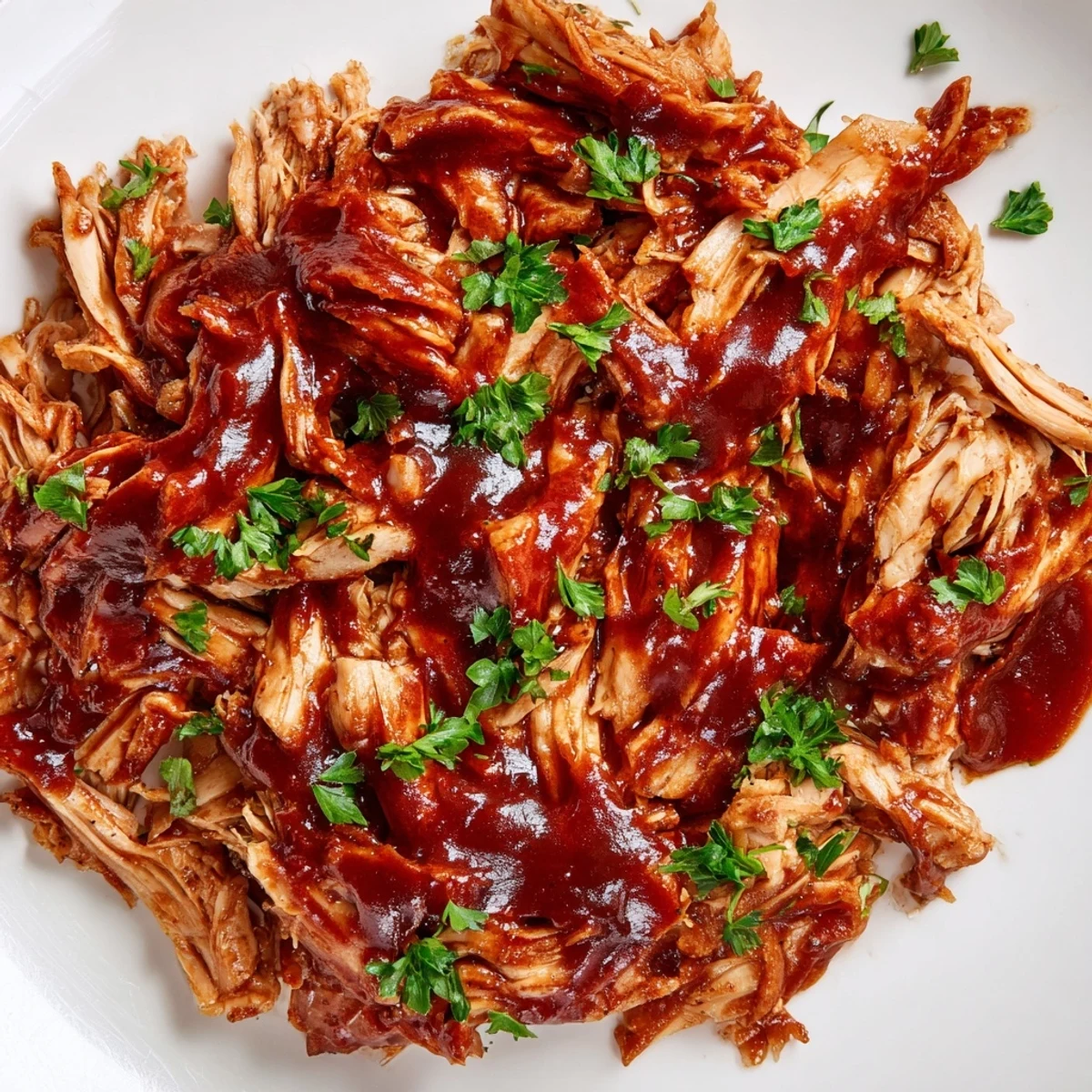 Tender Sweet Baby Ray's Crockpot Chicken glistening with rich barbecue sauce on a white plate
