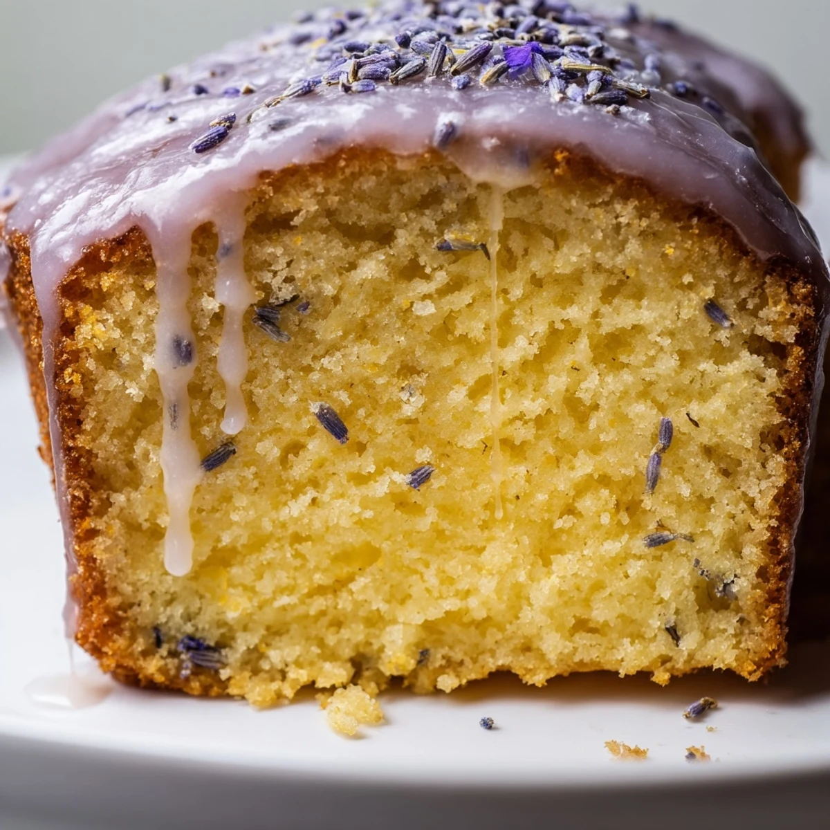 Soft lavender cake slice on a white plate showing the delicate fine crumb texture