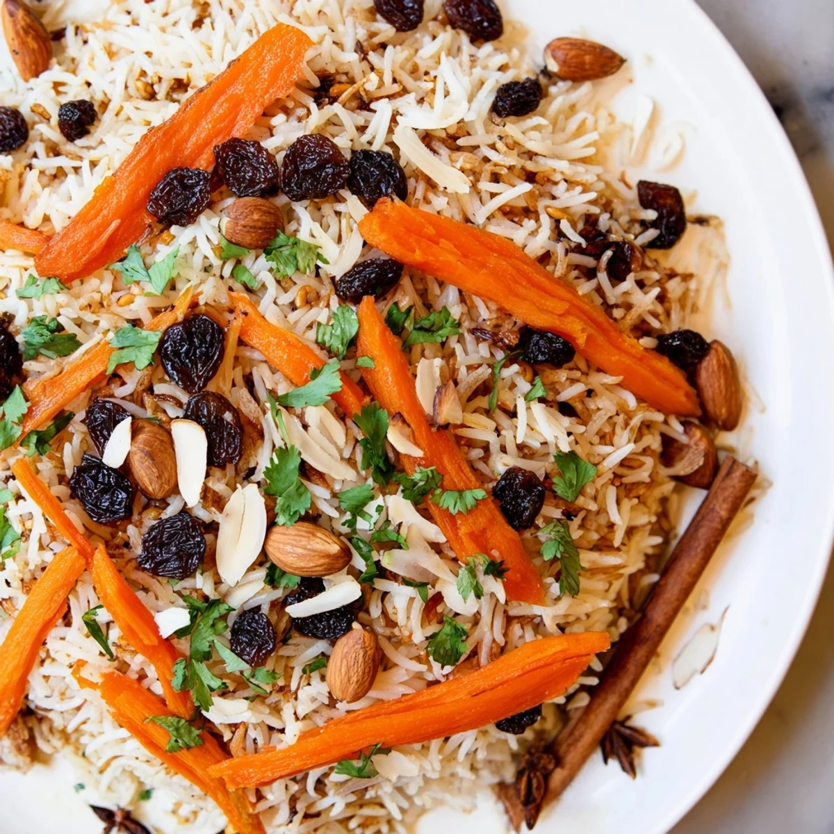 Golden Afghan rice topped with caramelized carrots, plump raisins, and toasted almonds in a colorful presentation