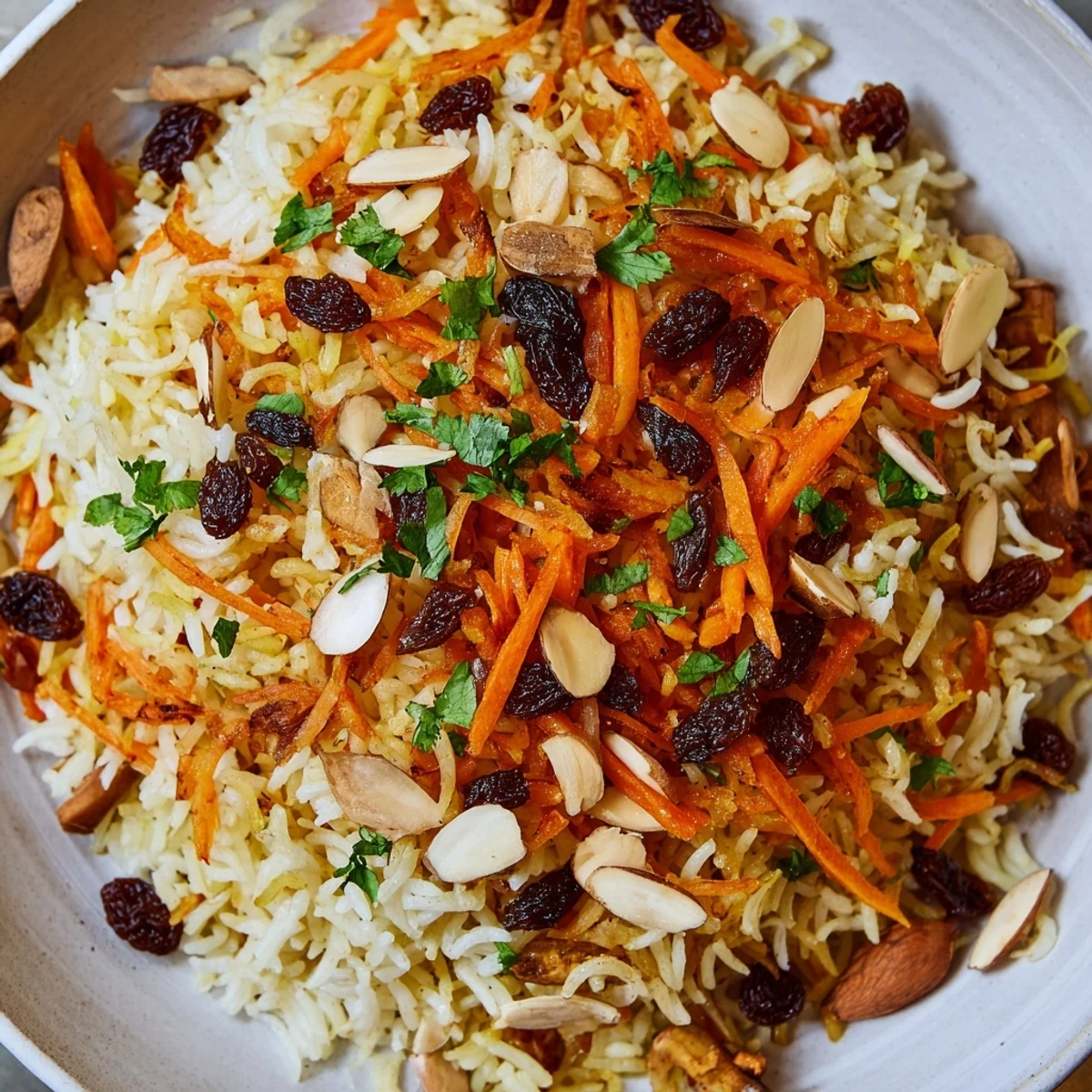 Fragrant Afghan rice steamed with warm spices and garnished with fresh herbs on a white serving platter