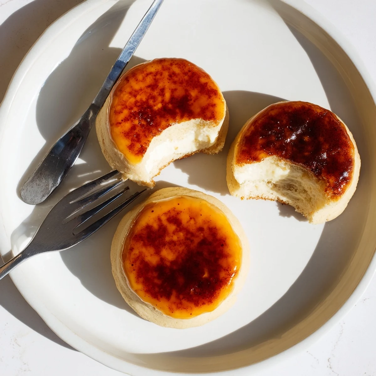 Golden crème brûlée cookies with caramelized sugar tops and creamy vanilla centers on a rustic baking sheet.