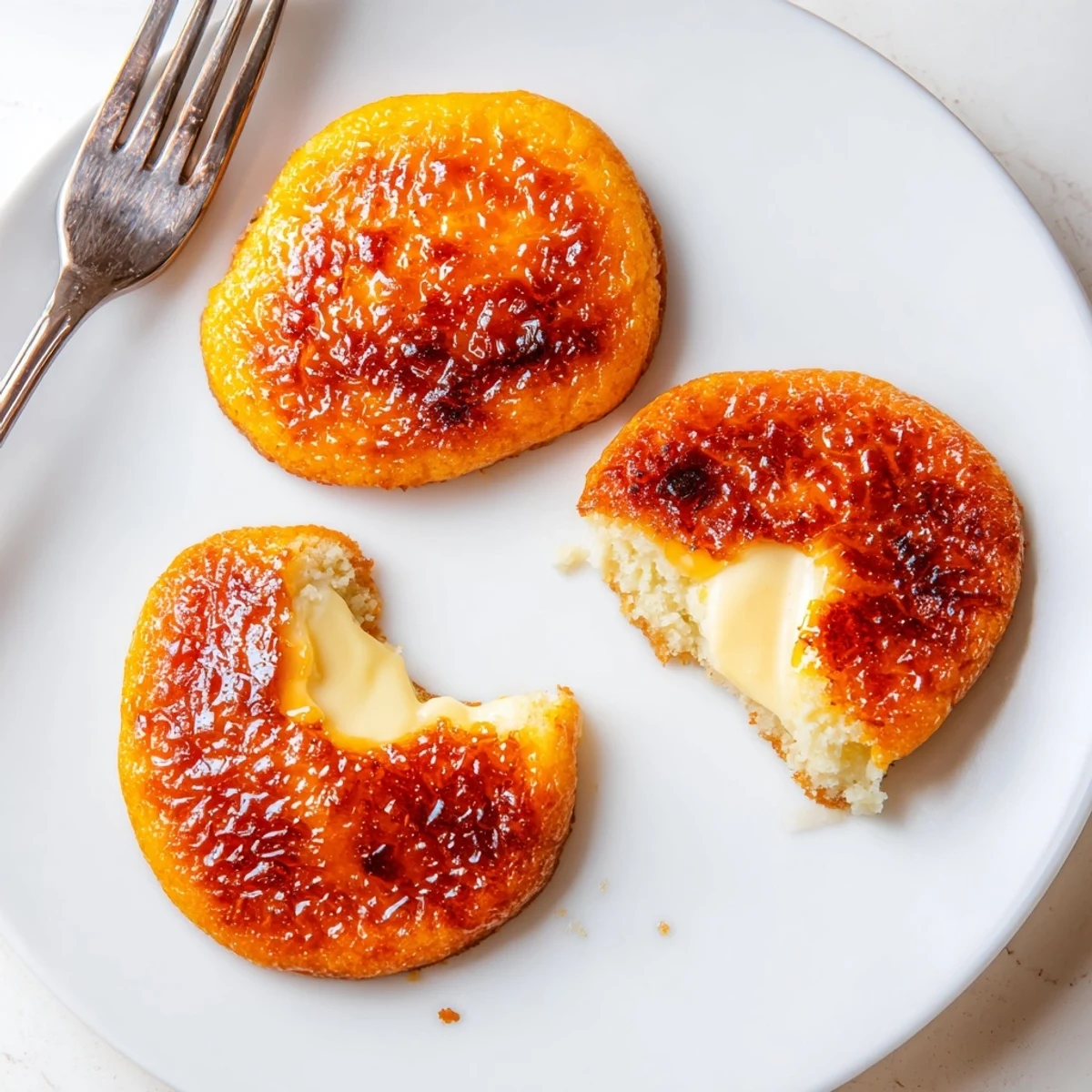 Soft baked crème brûlée cookies showcasing crackled caramelized tops and luscious cream cheese filling oozing slightly.