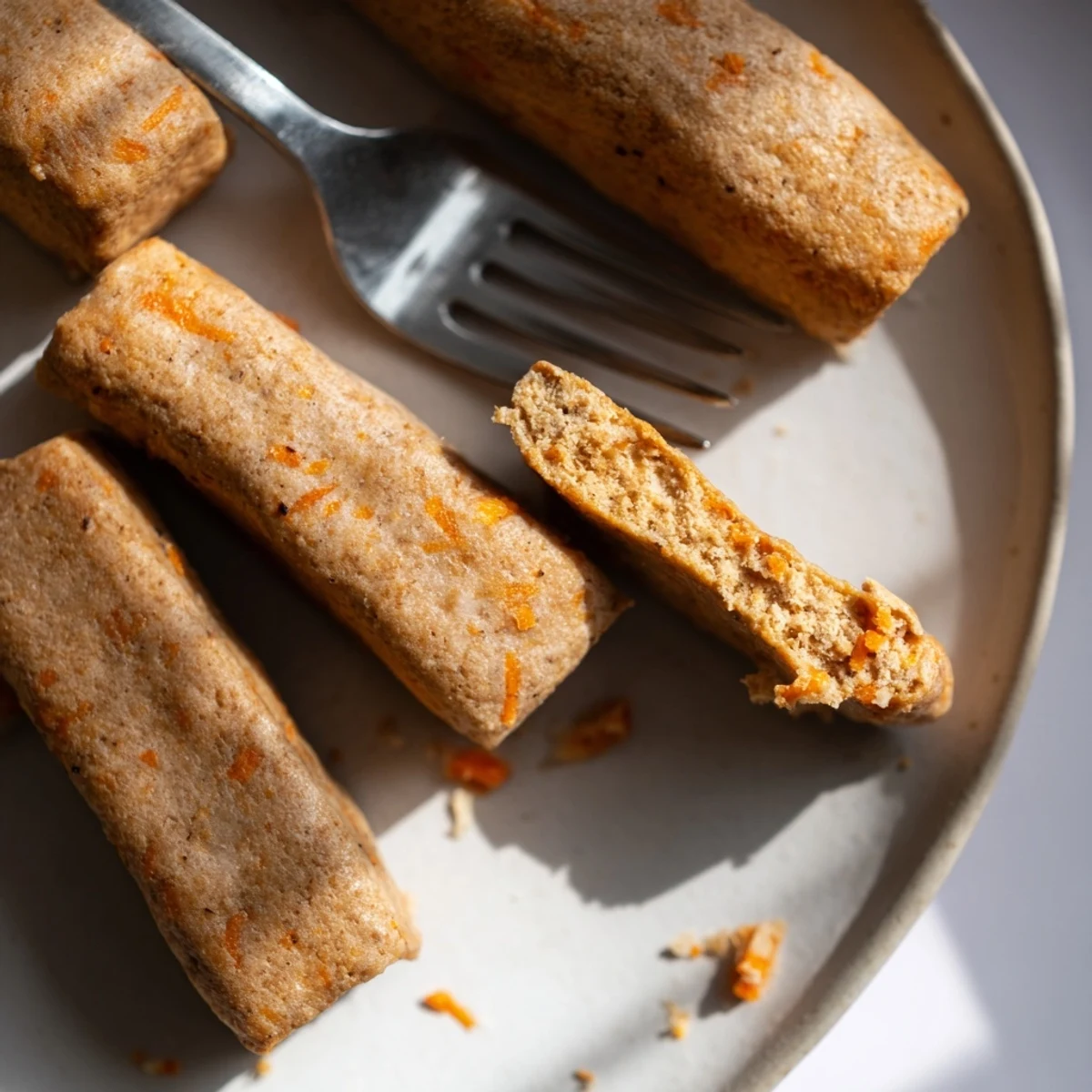Golden baked carrot and apple dog chew sticks arranged on parchment paper for healthy homemade pup treats