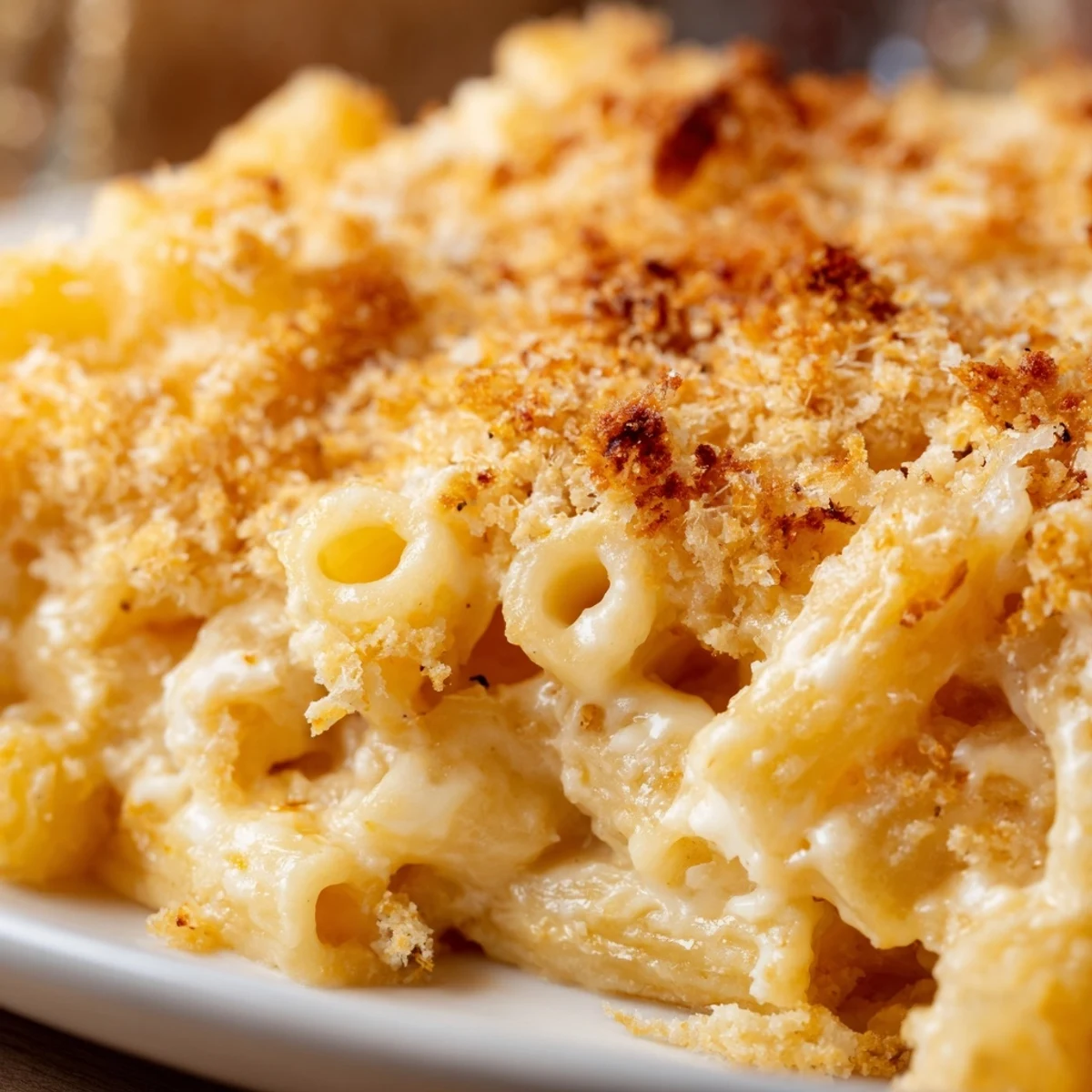 Golden three cheese baked macaroni with crispy panko topping bubbling in a casserole dish