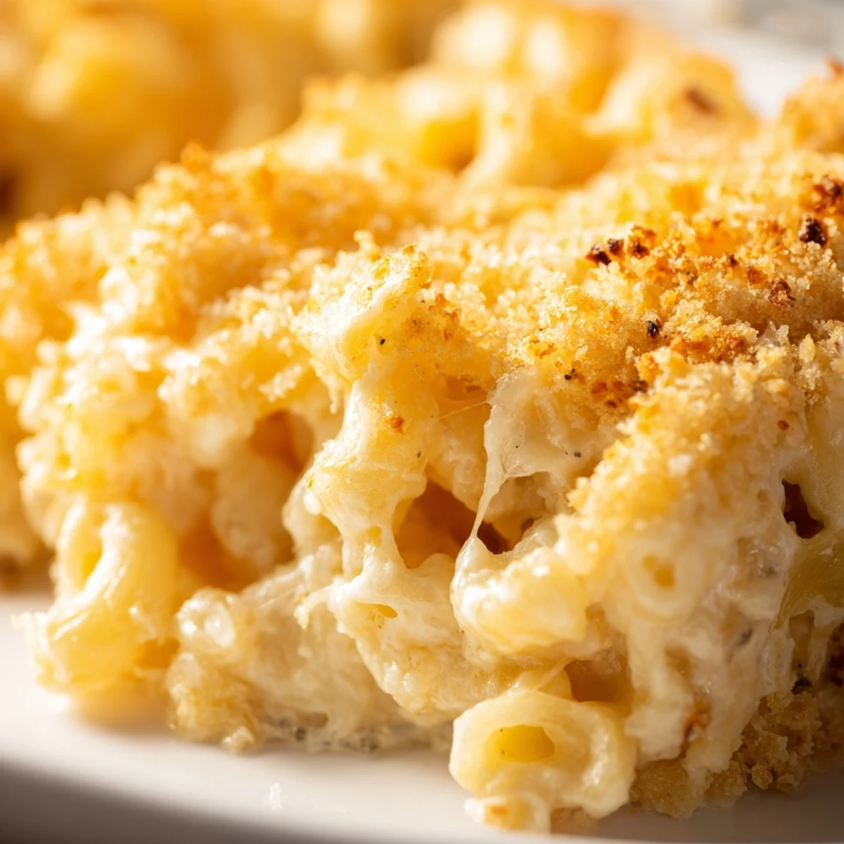 Creamy three cheese baked macaroni served in a bowl with melty cheese stretching
