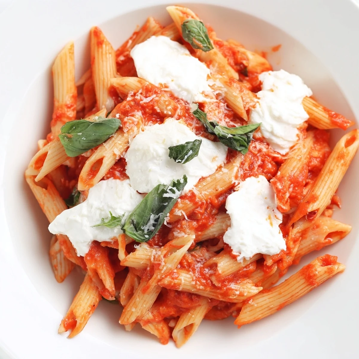 Creamy tomato garlic ricotta penne topped with fresh basil and grated Parmesan cheese