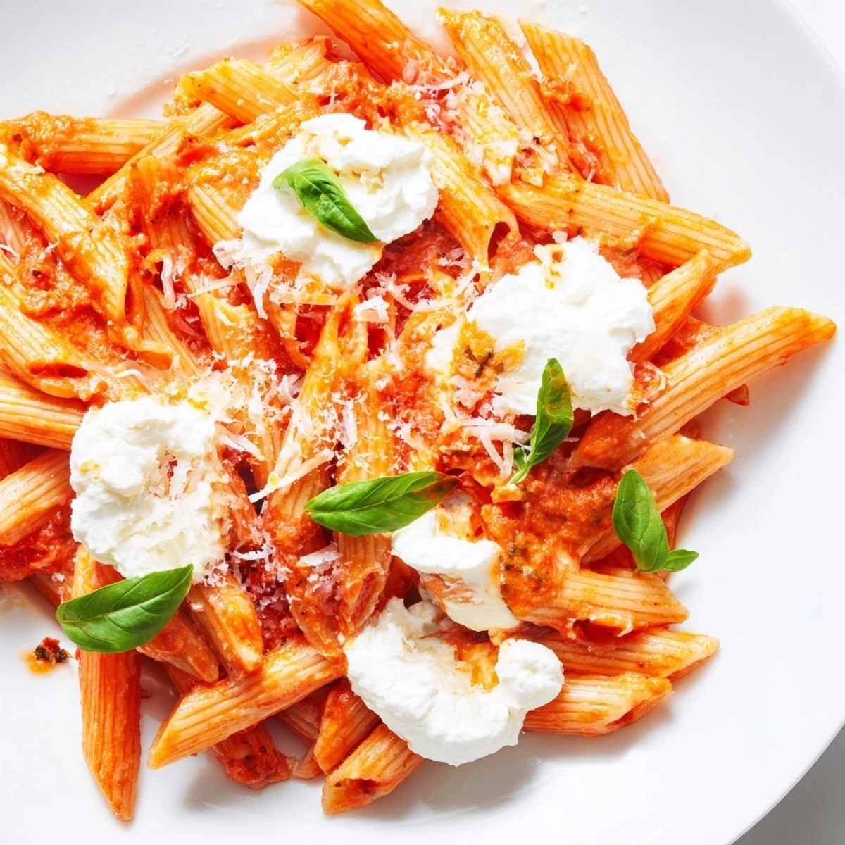 Tender penne pasta coated in rich garlicky tomato sauce with creamy ricotta swirls