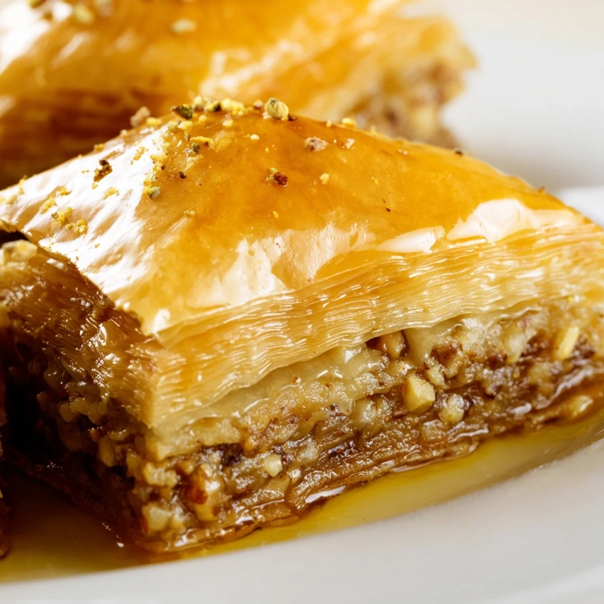 Golden Bosnian baklava diamonds glistening with sweet syrup on a rustic white serving plate