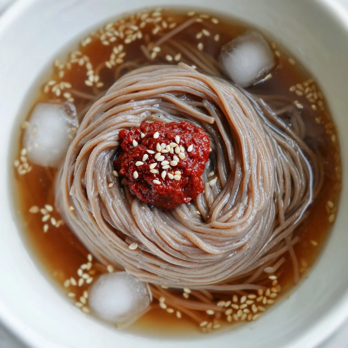 Chewy Korean naengmyeon cold noodle soup in tangy broth topped with crisp cucumber slices