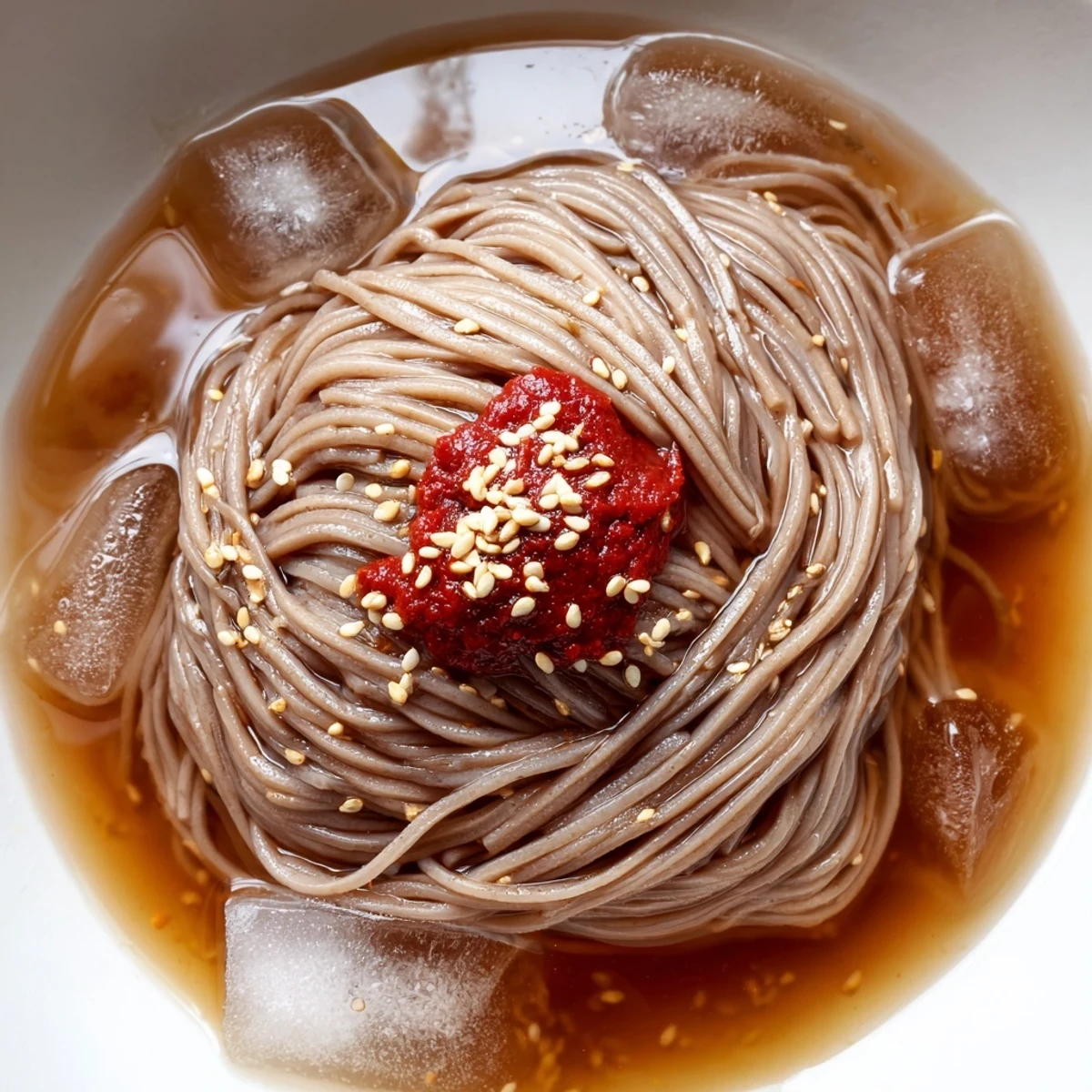 Cold buckwheat noodles swimming in chilled beef broth with Asian pear and egg
