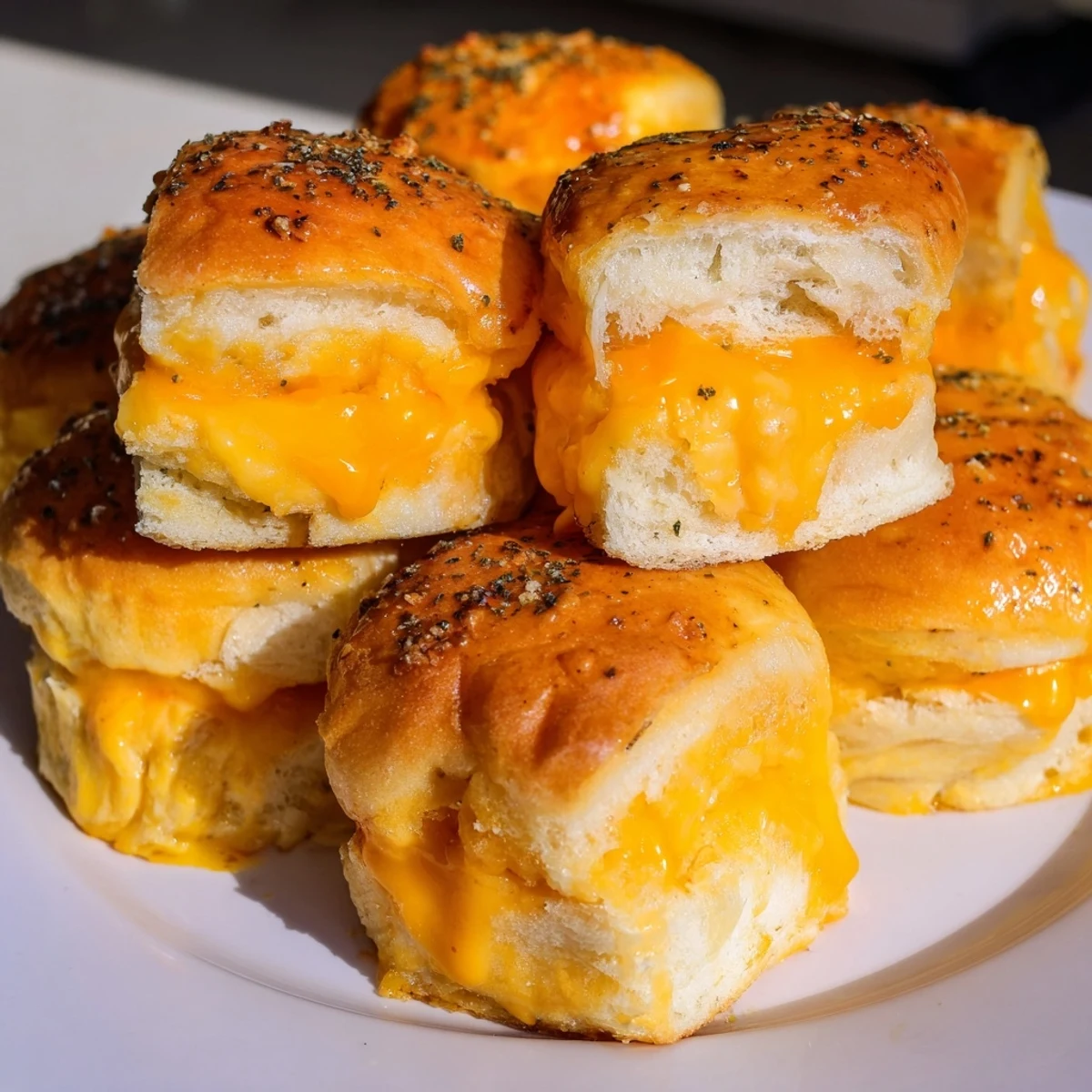 Golden mini grilled cheese Hawaiian rolls with melted cheddar oozing between sweet, buttery slider buns