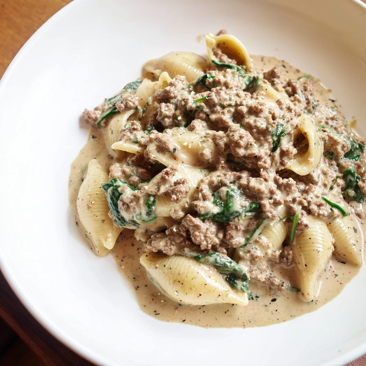 Creamy high protein beef pasta twirled in a white bowl with melted Parmesan