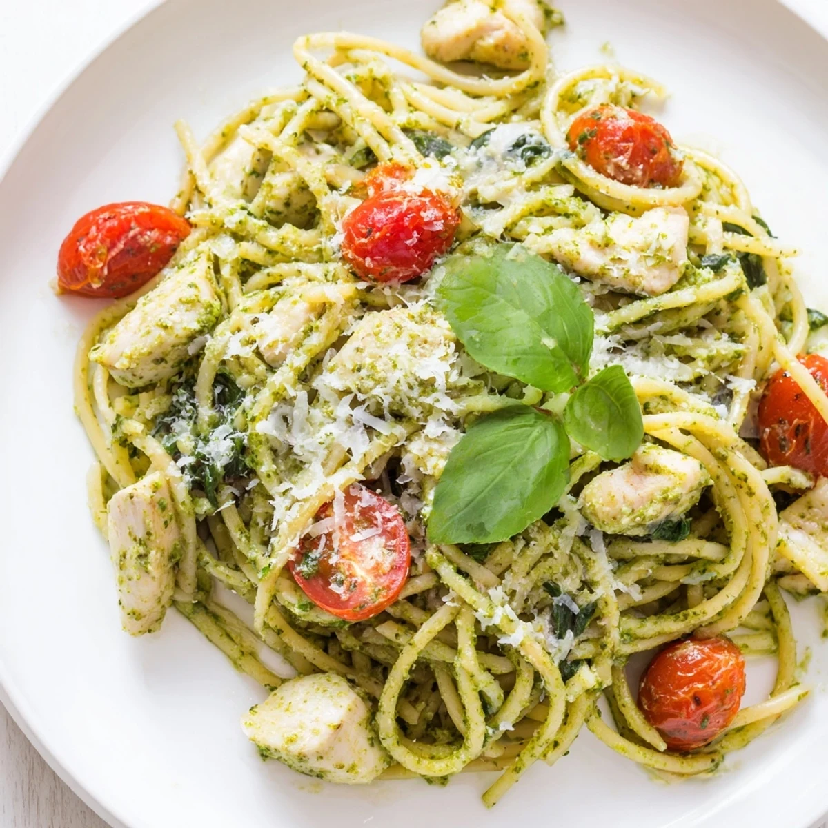 Light pesto pasta with chicken garnished with fresh basil and grated Parmesan cheese