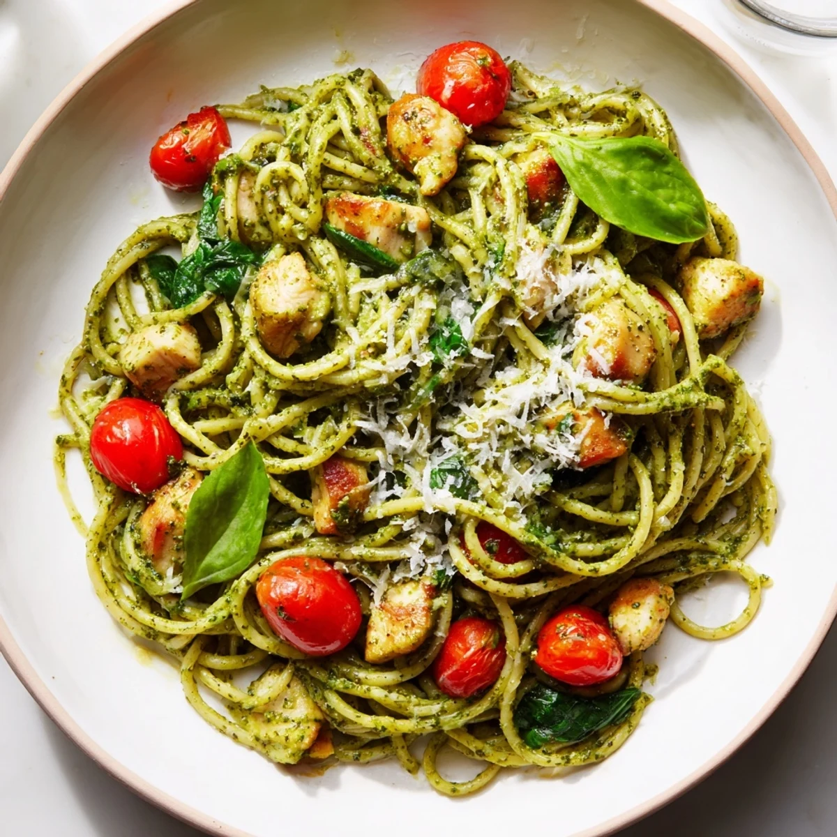 Creamy pesto pasta with chicken tossed with cherry tomatoes in a skillet