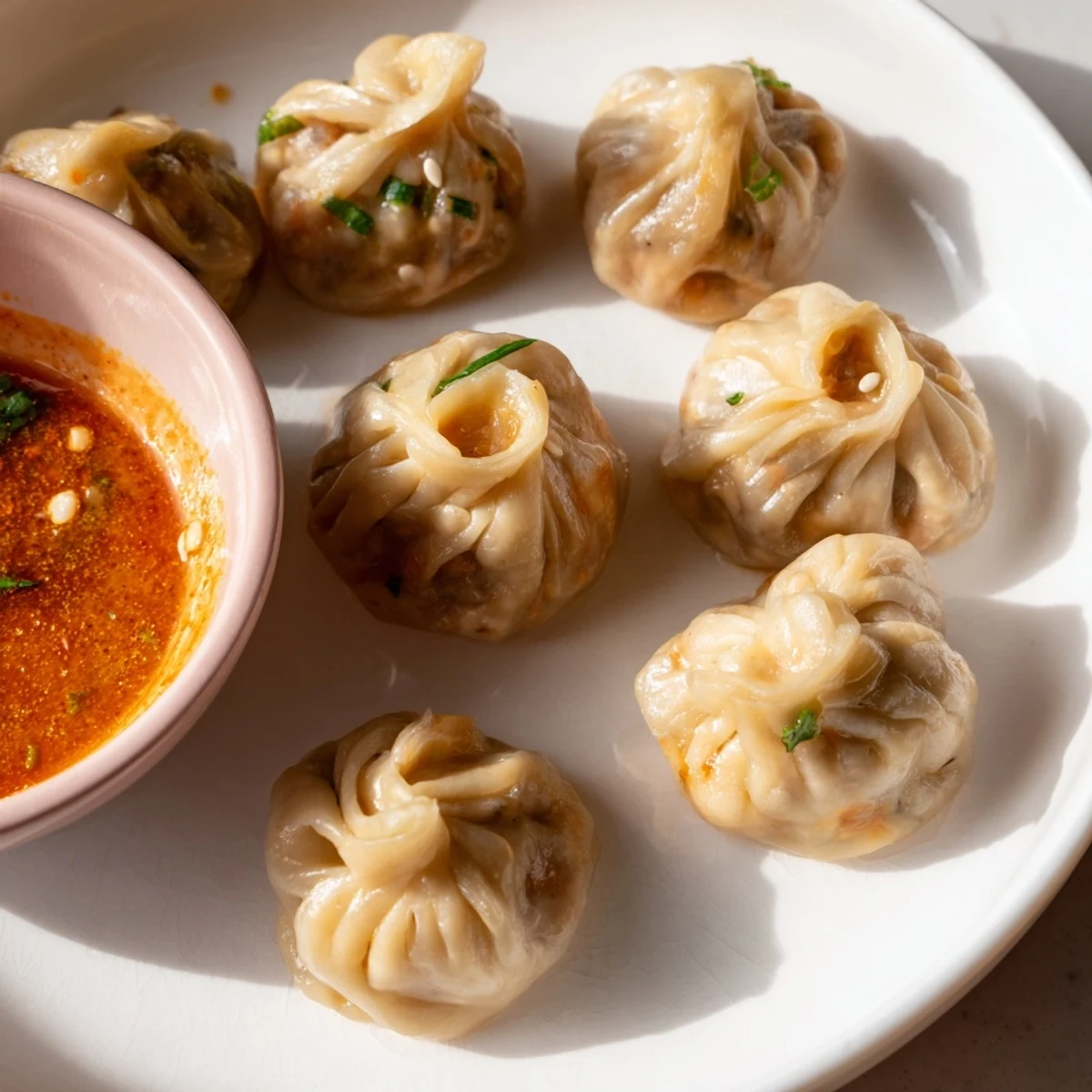 Steamed Nepali momo dumplings arranged on a bamboo tray with spicy tomato dipping sauce