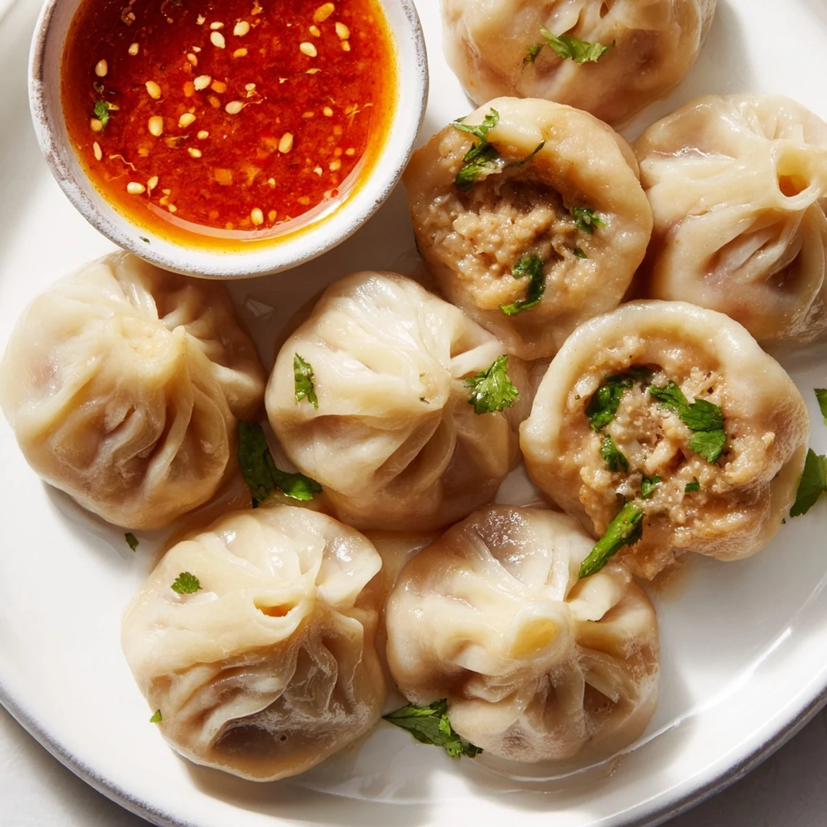 Golden steamer basket filled with pleated Nepali momo dumplings ready to serve