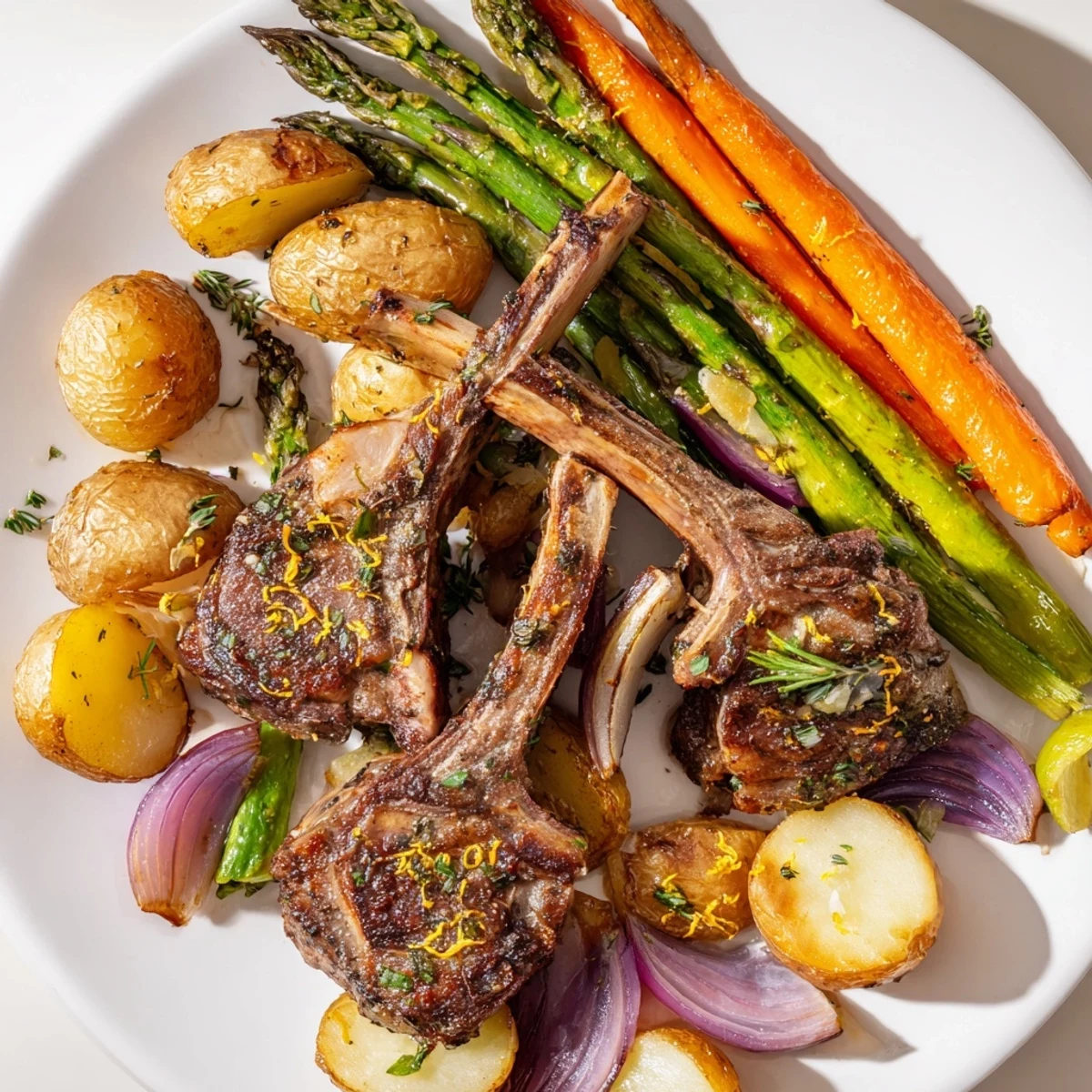 Herb-crusted lamb chops and roasted vegetables arranged on a gleaming Easter dinner sheet pan