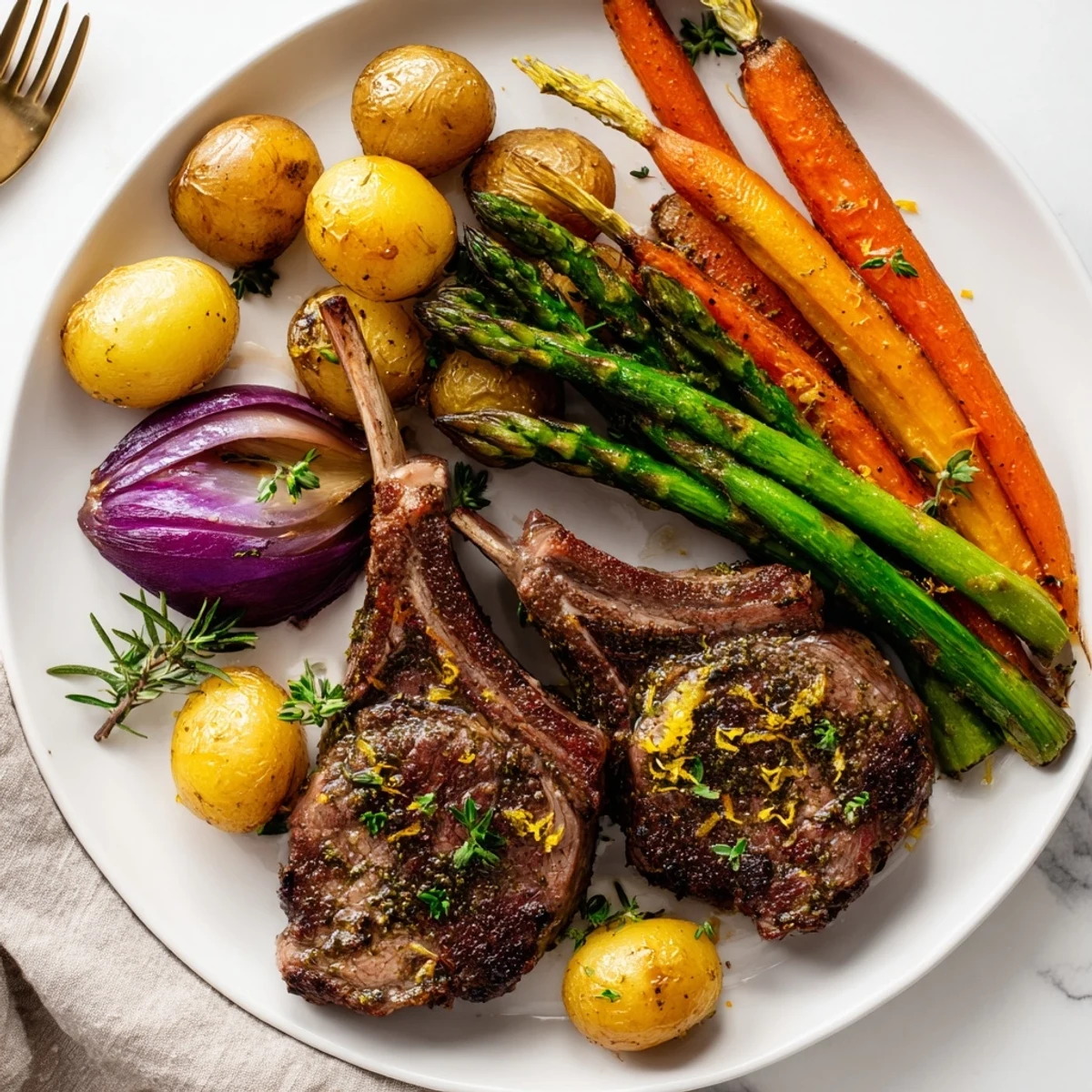 Golden baby potatoes and asparagus surrounding juicy lamb chops on a crowded sheet pan