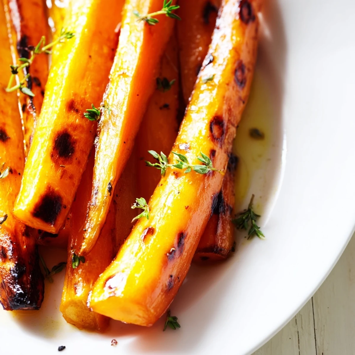 Golden honey roasted carrots glistening with caramelized glaze on a rustic white serving platter