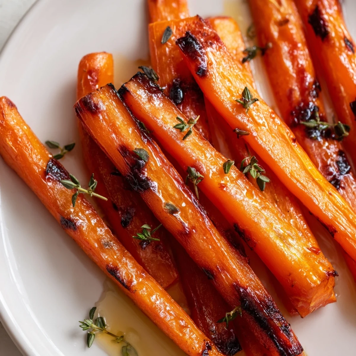 Tender caramelized honey roasted carrots with fresh herbs sprinkled on top for garnish