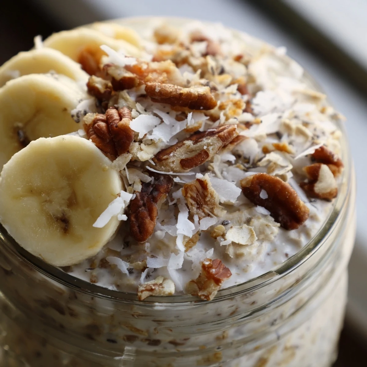 Creamy coconut cream pie overnight oats topped with toasted coconut flakes in a glass jar
