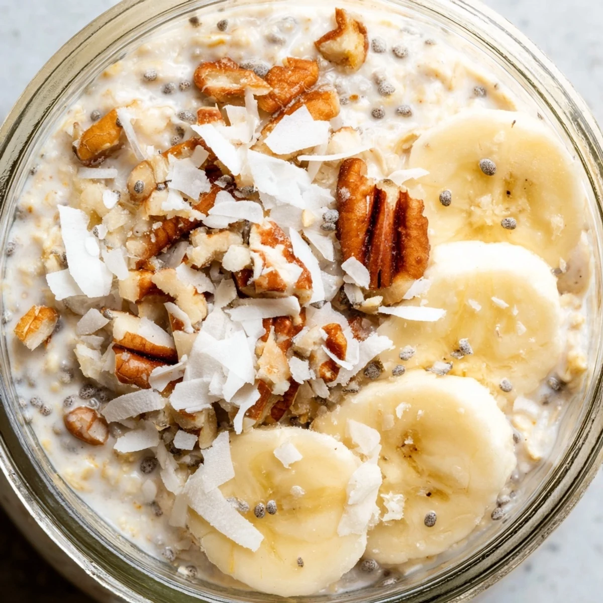 Coconut cream pie overnight oats served in mason jars with crunchy pecans and banana slices