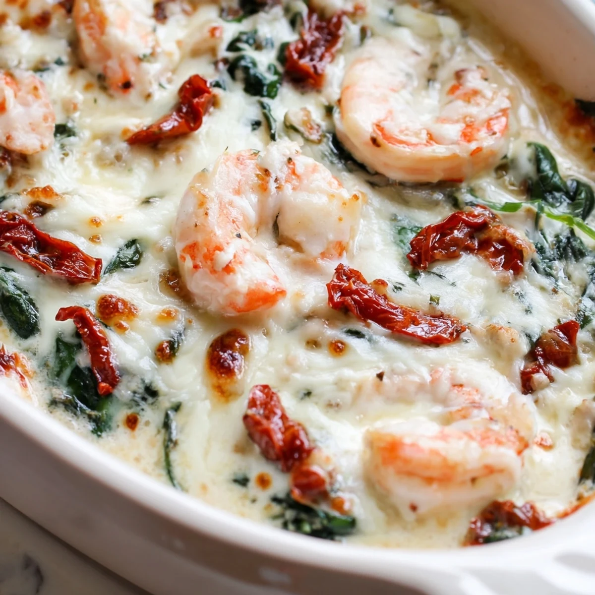 Creamy Low Carb Shrimp Tuscan Bake with bubbling melted mozzarella in a white baking dish