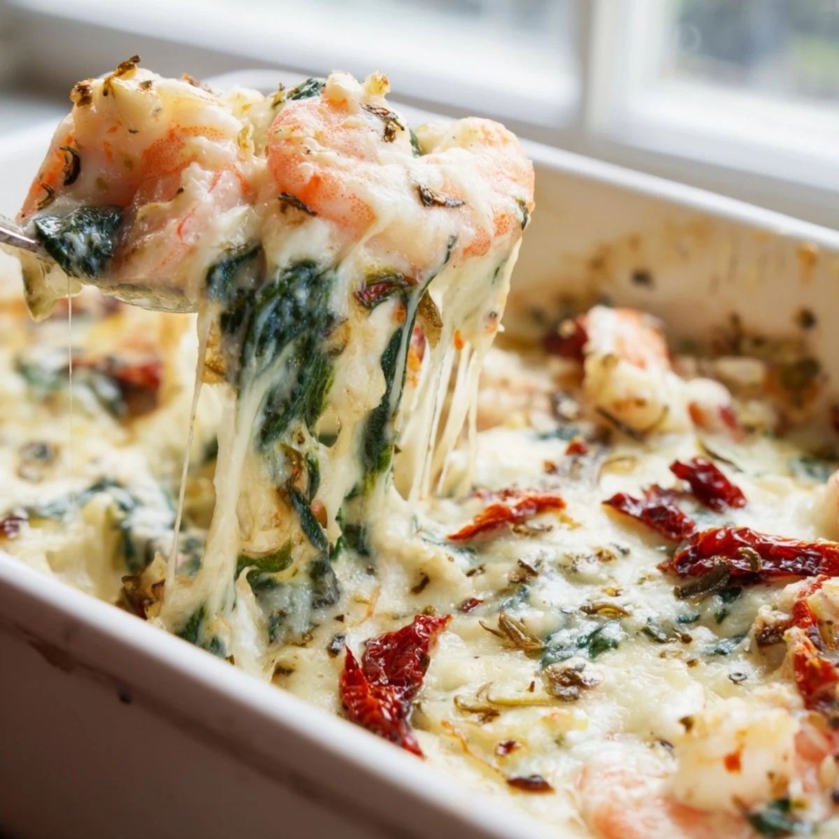 Golden baked Low Carb Shrimp Tuscan Bake topped with melted cheese and sun-dried tomatoes