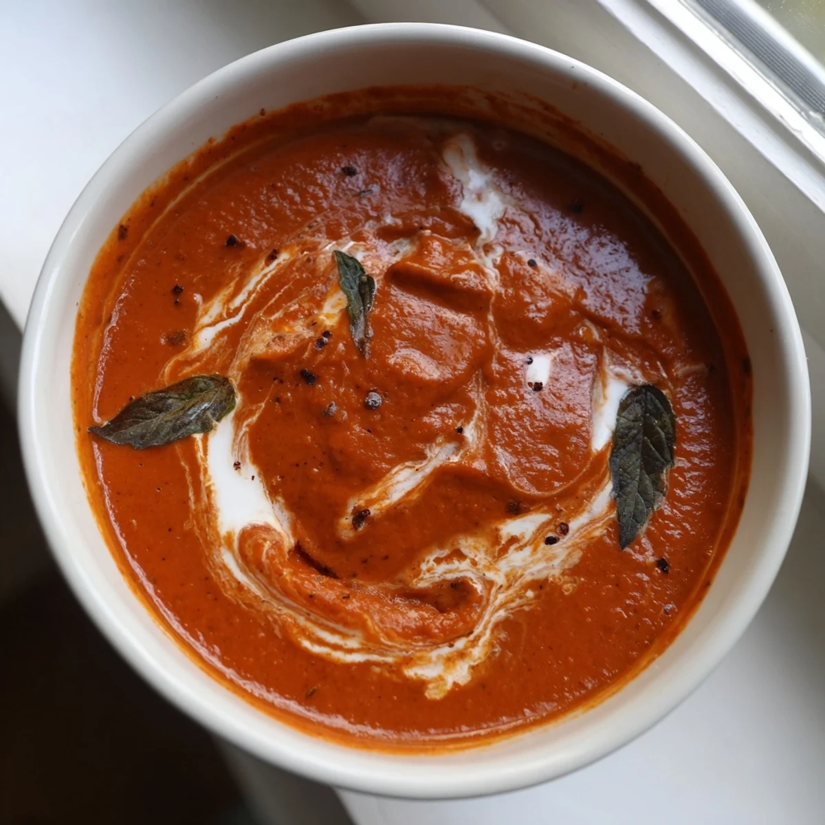 Creamy fire roasted tomato soup ladled into a rustic bowl with fresh basil garnish