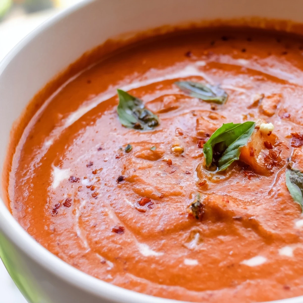 Smoky fire roasted tomato soup topped with a swirl of cream and herbs