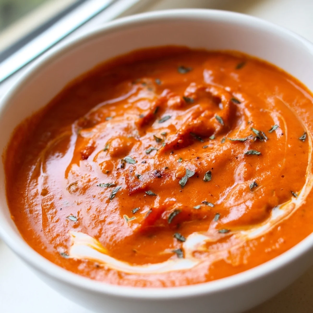 Steaming bowl of fire roasted tomato soup served alongside golden grilled cheese for dipping