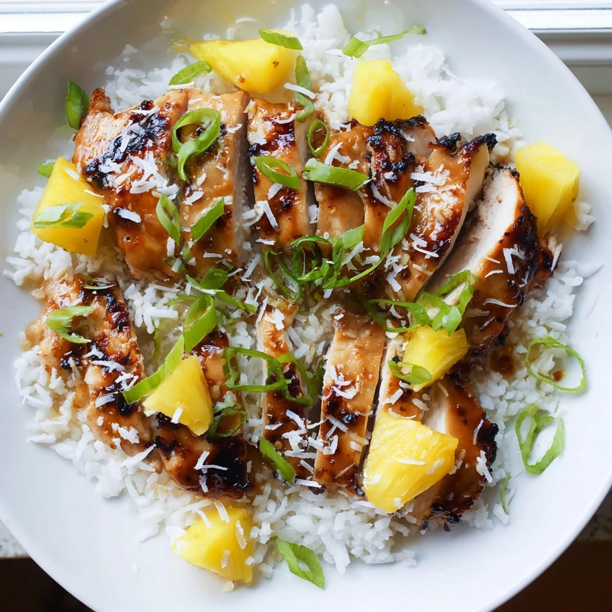Grilled Hawaiian Chicken Coconut Rice topped with fresh pineapple and green onions on a white plate