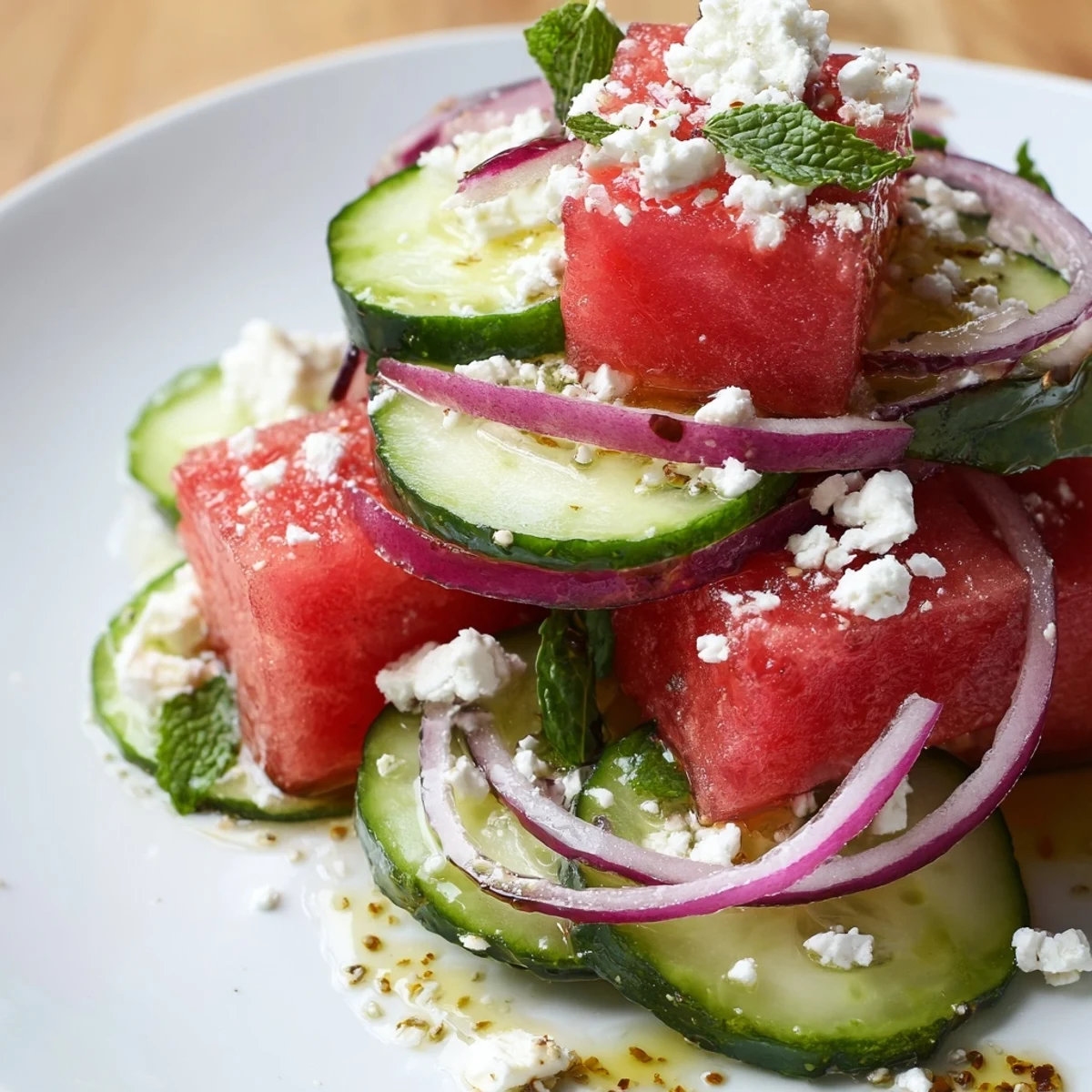 Watermelon feta salad with juicy red cubes, creamy cheese, and fresh mint leaves