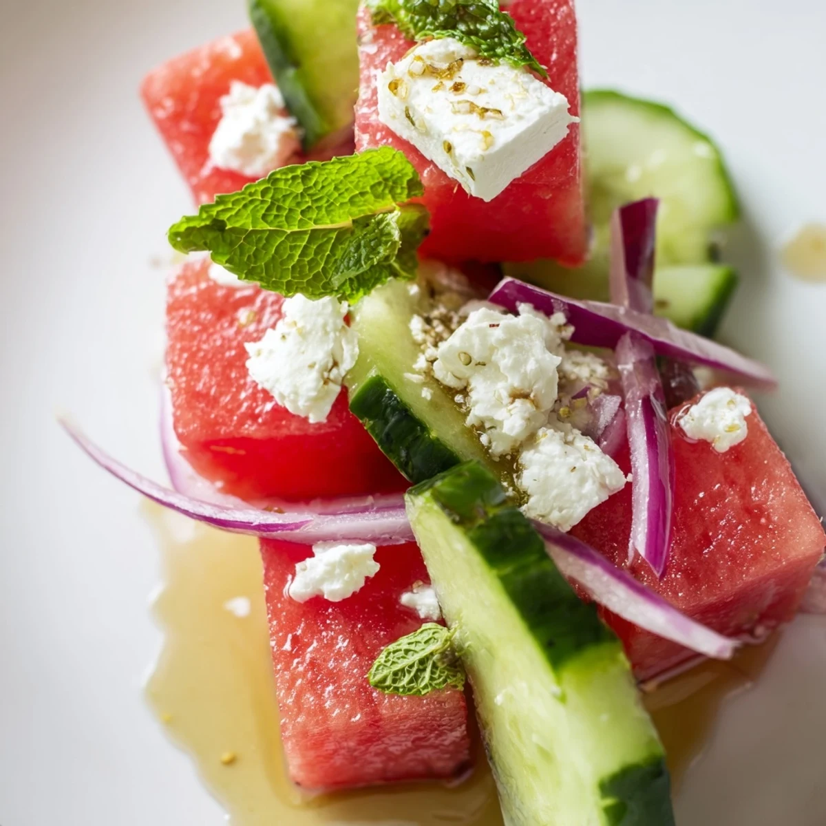 Refreshing watermelon feta salad topped with crumbled cheese and torn mint garnish