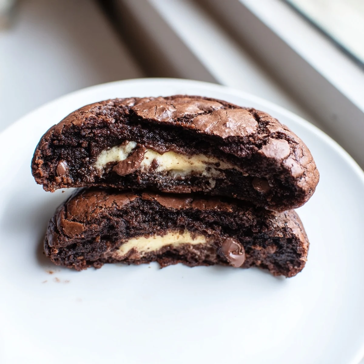 Thick fudgy brownie cookies revealing creamy eggless cookie dough centers, garnished with chocolate chips