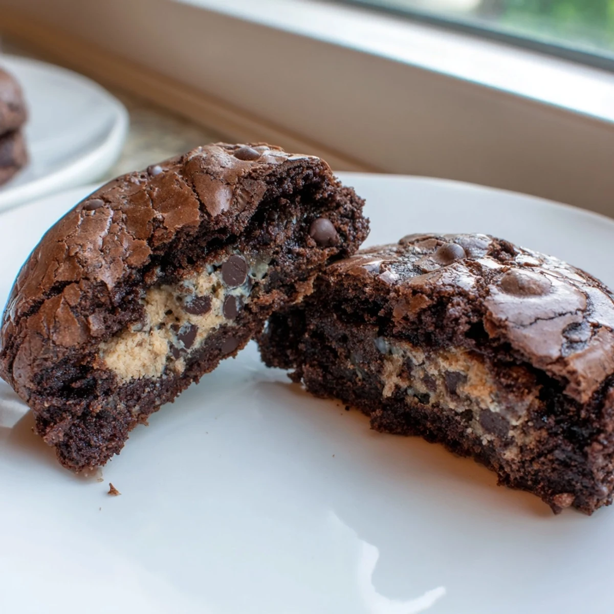 Fudgy brownie cookies stuffed with cookie dough on a rustic wooden serving board