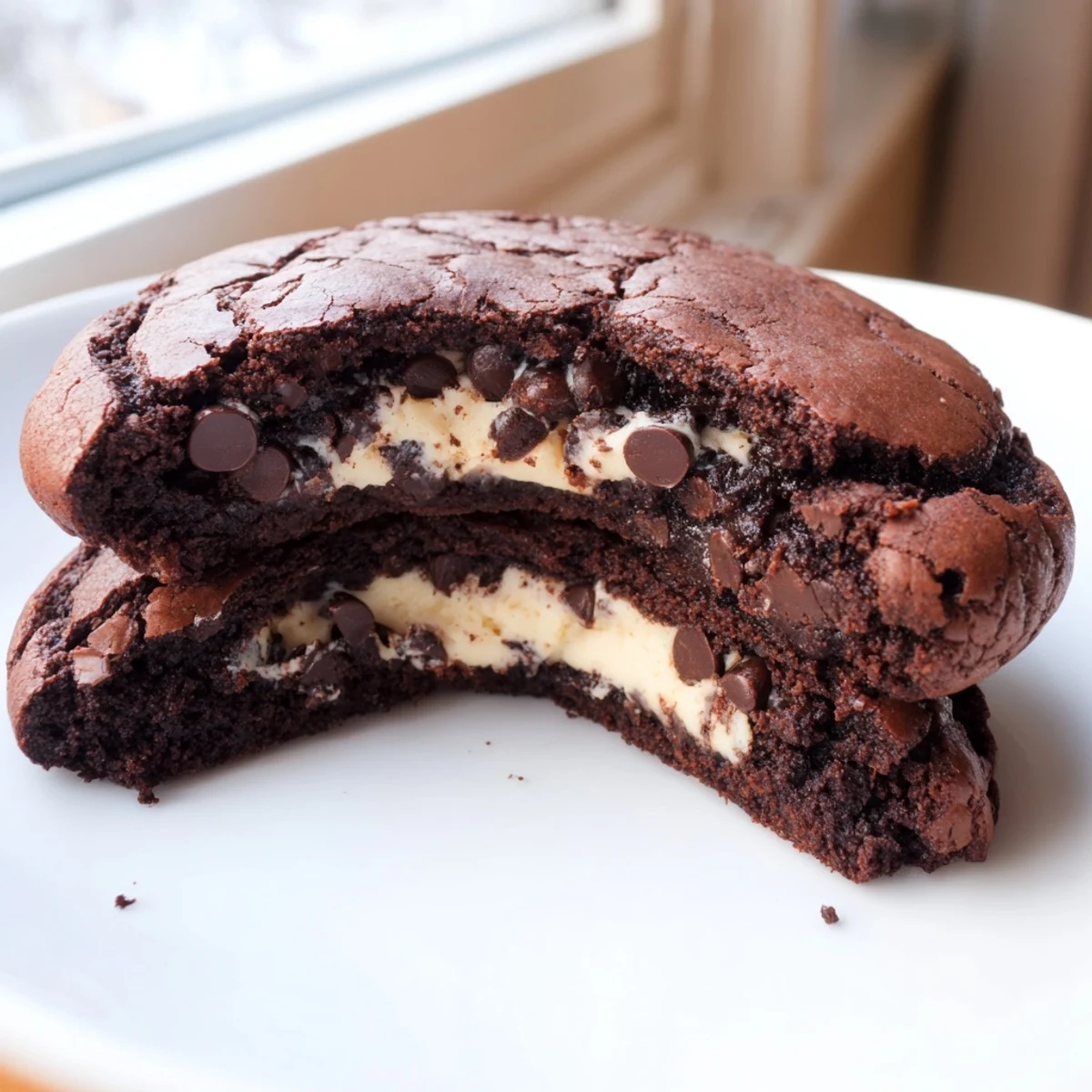 Crackly topped fudgy brownie cookies stuffed with cookie dough cooling on a baking sheet