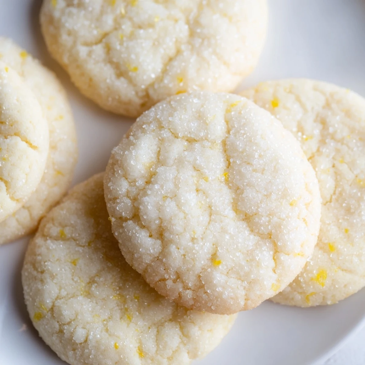 Soft chewy lemon sugar cookies arranged on a white plate with zest garnish