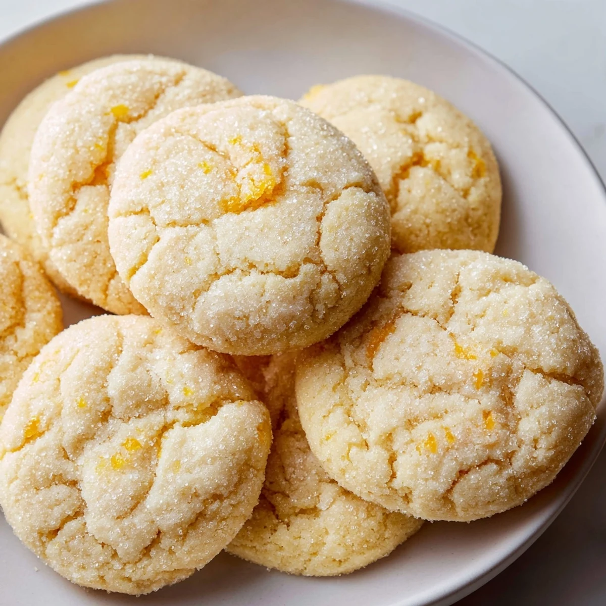 Freshly baked lemon sugar cookies with lightly browned edges cooling on a wire rack