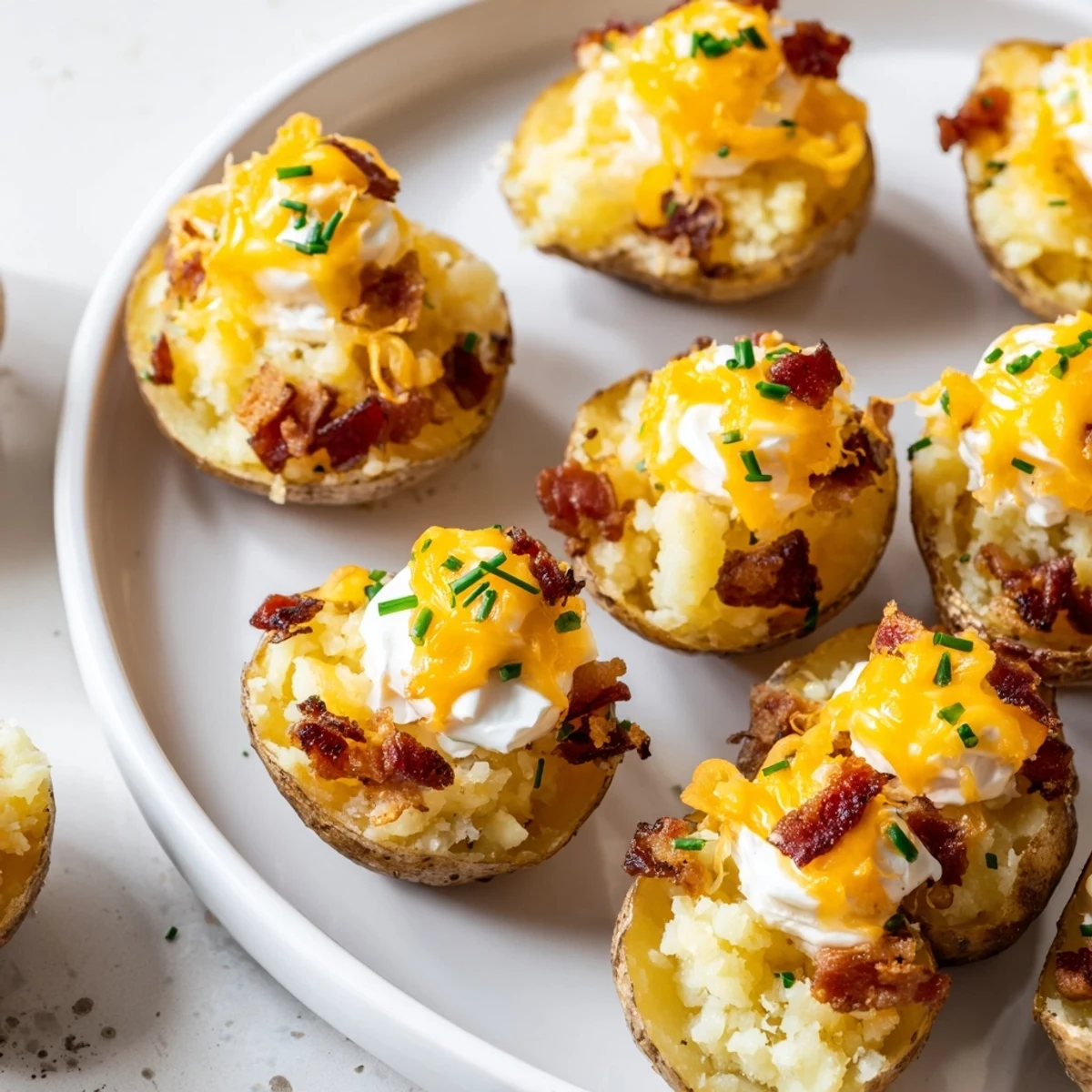 Golden Irish Potato Bites loaded with melted cheddar, crispy bacon, and fresh chives on a rustic baking sheet