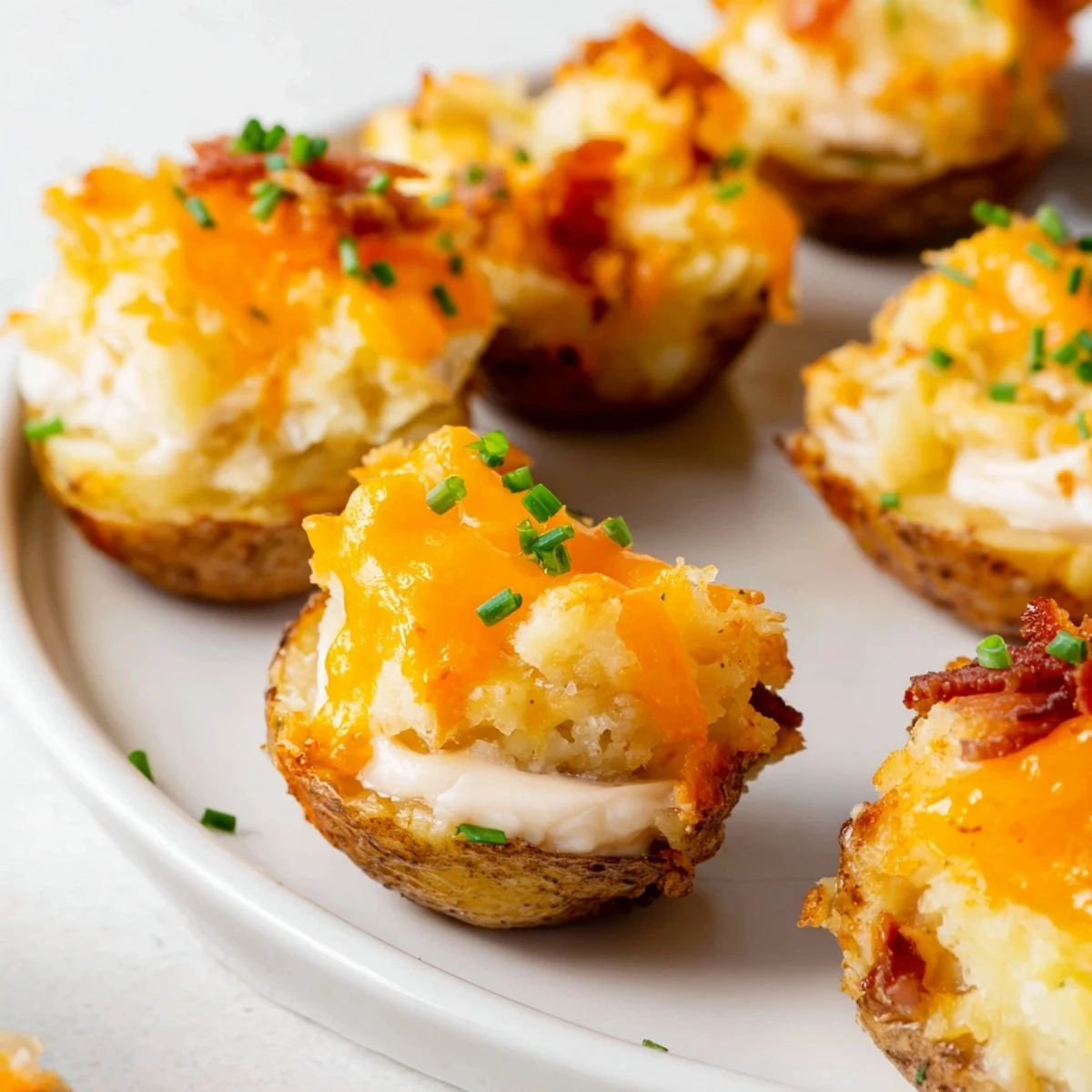 Crispy Irish Potato Bites arranged on a platter, steaming hot with bubbly sharp cheddar and snipped chive garnish