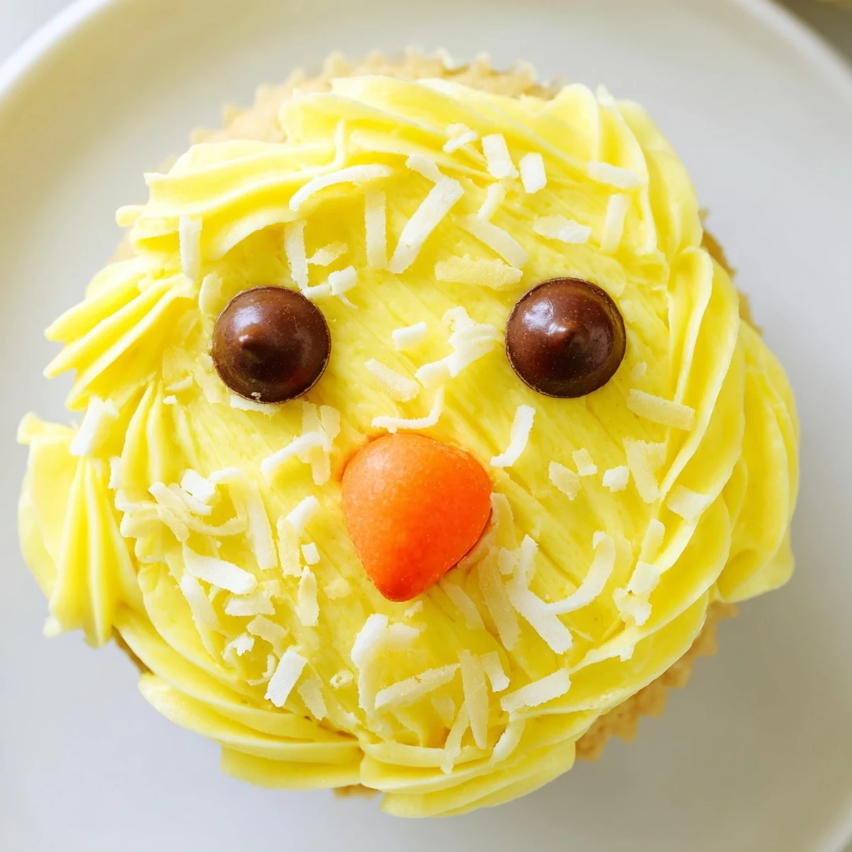 Adorable Easter Chick Cupcakes with fluffy yellow frosting and chocolate chip eyes on a spring dessert plate